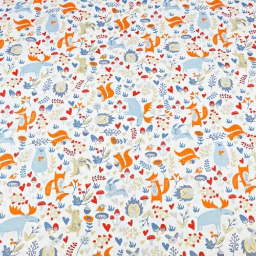 Textrend Baumwollstoff - Stoff zum Nähen - 100% Baumwolle - Textilien 1x1.6m - Stoffe Meterware - Waldtiere (Blauer und orangefarbener Elch mit Tieren auf einer Wiese auf weißem Hintergrund)