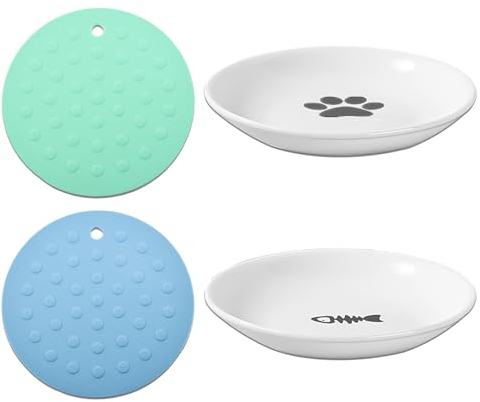 DYOUEN Pack of 2 Cat Ceramic Cat Bowl with Non-Slip Mats Cat Food Plate Non-Slip Mats Pet Bowl for Kittens and Small Animals