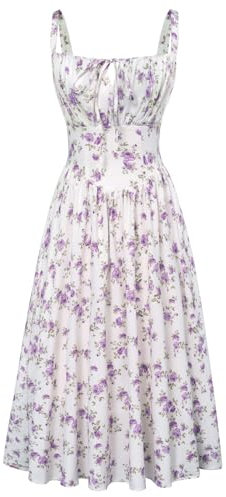 Damen Spaghetti Sun Dress Rockabilly A-Linie Flowy Swing Rokoko Kleid Weiß-Violett Blumen XXL