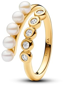 PANDORA Timeless Behandelte Süßwasserzuchtperlen & Steine Offener Ring aus Sterling Silber mit vergoldeter Metalllegierung und Zirkonia, Größe: 54, 163146C01-54