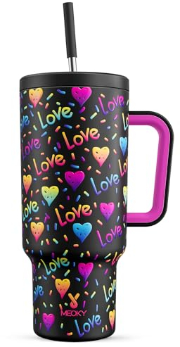 Meoky 40 oz Tumbler with Handle and Straw, Tumbler with Lid and Straw, Insulated Stainless Steel Travel Mug, 100% Leak-proof, Keeps Cold for 34 Hours (Rainbow Love)