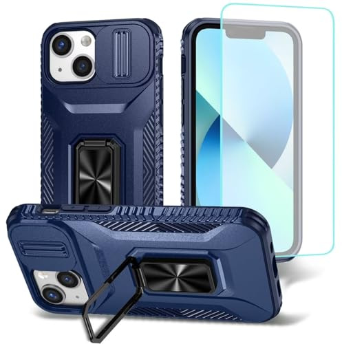 Wanyuexes Hülle für iPhone 12 Mini Case, für iPhone 13 Mini mit Schutzfolie, Kameraschutz Kartenschlitz, 360° Metall Ring Ständer Stoßfest Handyhülle für iPhone 12 Mini Blau