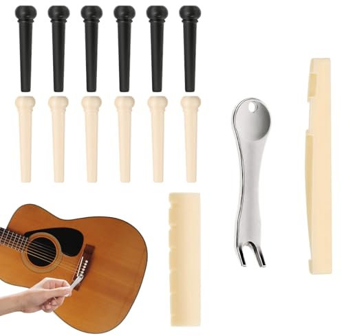 Acoustic Guitar Bridge Pins Pegs,12 PCS Acoustic Guitar Pegs,Acoustic Guitar Tuning Pegs With Bone Acoustic Guitar Bridge Saddle and Nut Bridge Pin Puller Remover Replacement Parts and Accessories