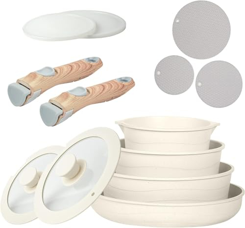 RIOVARM Inducción Juegos de sartenes y ollas, Antiadherente Cerámica Baterías de cocina con asas desmontables, Apilable Menaje de cocina con Tapas, Ahorro de espacio Juegos de sartenes sin PFOA
