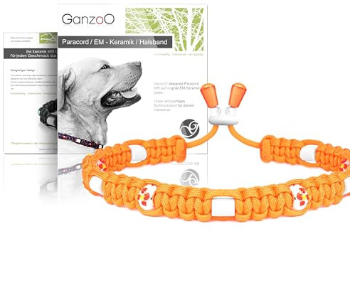 Ganzoo EM Keramik Hunde-Halsband/Paracord 550 Halsband mit Zier-Perlen und EM Tubes/EM Pipes/Größe M 43-51 cm/Dog Collar/verstellbar mit Kordelstopper/Farbe Mango