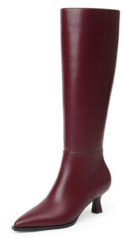 Modatope Kniehohe Stiefel, Kätzchen, niedriger Absatz, Kunstleder, spitzer Zehenbereich, seitlicher Reißverschluss, Herbst, lang, hohe Stiefel für Damen, Burgunderrotes Kunstleder, 6.5