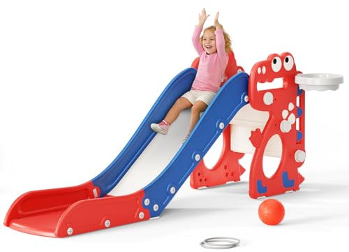 Krovtoy Toboggan pour tout-petits, toboggan simple dinosaure avec cadre à billes,anneau,équipement de jeu pour toboggan pour enfants, toboggan pour bébé pour enfants de 1 à 3 ans(dinosaure rouge bleu)