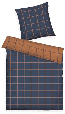 TOM TAILOR Flanell-Bettwäsche, 70x90 cm + 140x200 cm, 100% Baumwolle/Flanell, Mit Wendemotiv und farbigem Markenreißverschluss, Large Check Blau, Braun (Dark Navy & Rusty Red)