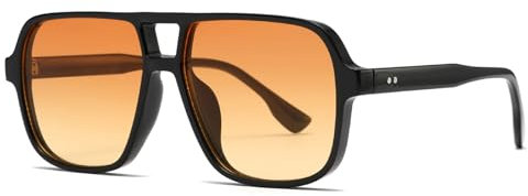 Long Keeper Retro Pilot Sonnenbrille Pilotenbrille Herren Damen Quadratisch Sonnenbrille Groß 70er Klassisch Eckige Pilot Retro Brille UV400 (Schwarz Rahmen - Orange Linse)