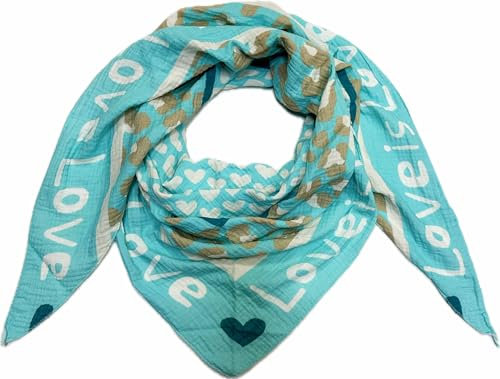 J26 Love Herz Leopard Dreieck Schal aus 100% Baumwolle Frühling Unisex Uni Fashion Stola Tuch Übergangszeit Italy Sommer Strickschal Strick Tuch Heart Leo Happy (Love Türkis)