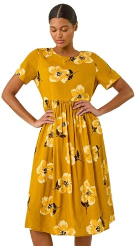 Roman Smock Dress for Women UK Ladies Swing A Line Tiered Pocket Slouch Summer Spring Everyday Evening Work Holiday Short Sleeve Smart Casual Beach Lightweight Shift - Yellow - Size 10
