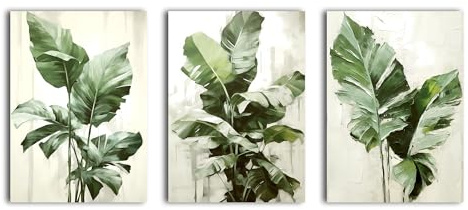 simpa 3 Panel Canvas Wall Art – Modern Tropical Plants – Framed & Stretched Artwork for Home, Living Room, Office Décor