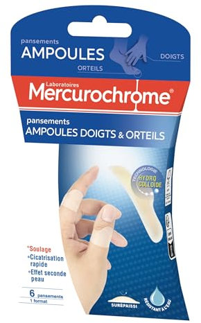 MERCUROCHROME - Pansements ampoules doigts et orteils - Soulage - Cicatrisation rapide - Effet seconde peau - Technologie Hydrocolloïde - 6 unités - 1 format