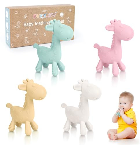 TYRY.HU Beißring Baby Silikon Beißspielzeug kühlend Zahnungshilfe Giraffe Kauspielzeug Greifling Sensory Kühlender Hirsch Kinder Relief Beißring 3 6 12 Monate Geschenke für Jungen und Mädchen 4 Stück