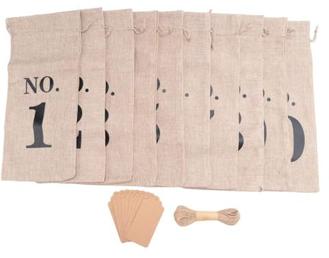 Fuhjythy 10Pcs Burlap Wine Bags with Tags for Blind Wine Tasting, Numbered Hessian Cloth Glass Bottle Gift Bags for Christmas Wedding Party Decoration
