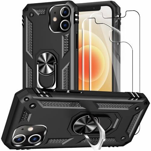 Jihucase for iPhone 12/iPhone 12 Pro Case with Screen Protector:[Military Grade Drop Tested] Ring Holder Kickstand Shockproof Anti-Slip Protective Phone Case for iPhone 12/12 Pro 6.1- Black