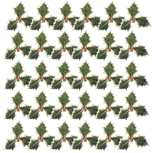 MUNSKT 30Pcs Artificial Holly Leaves, Christmas Simulation Holly Berries with Berries Holly Leaves and berries,for Christmas Decorations Cake Craft Party Decor