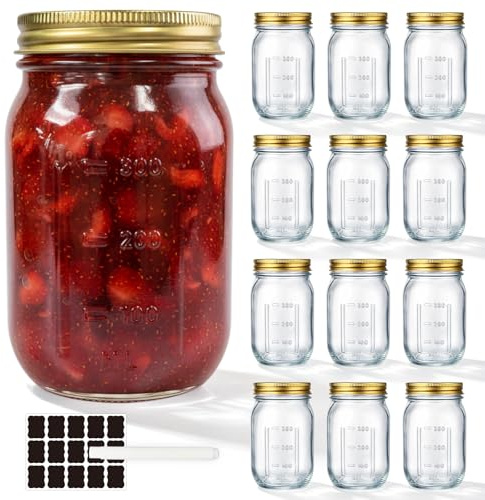 WERTIOO Barattoli di vetro con coperchio con scala, confezione da 12 barattoli ermetici da 500 ml con coperchio, senza BPA, per la preparazione di pasti, insalata, decapaggio e contenitori in vetro