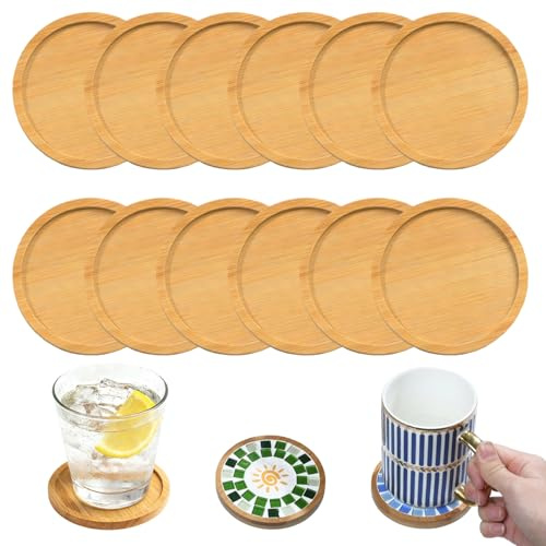 12 Stück Untersetzer Holz, Round Holzuntersetzer Bambus Untersetzers | Korkuntersetzer Rund mit Rand,Mosaik Untersetzer Bastelset Klein Holztablett für DIY Mosaikzubehör Basteln Gläser Trinkbecher