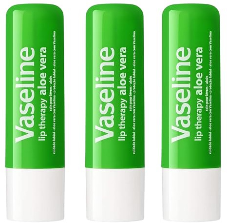 Vaseline Lip Therapy Aloe Vera Lip Care Stick with Petroleum Jelly – Moisturising & Soothing Lip Balm for Soft, Smooth Lips – 4.8g × 3 Pack