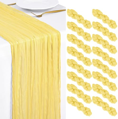 16 Pack Hellgelb Käsetuch Tischläufer 45x275cm Boho Gaze Käsetuch Tischläufer Abwaschbar Romantische Rustikale Tischdekorationen für Hochzeit Party Geburtstag Feiertag Zuhause