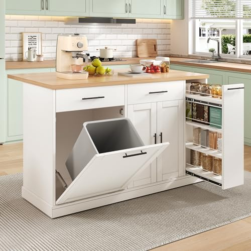 NNJN Isla de cocina con ruedas con encimera plegable, carrito de cocina con armario de basura, estante de especias de 4 niveles, 2 cajones y ruedas con bloqueo, 120 × 45 (70) × 93 cm (blanco)
