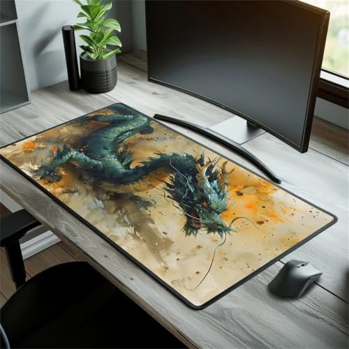 Muaor Gaming Mouse Pad 800x300x2mm Computer Keyboard Extended mouse mat, Mousepad XXL with Non-Slip Rubber Base Stitched Edges, Large Desk Mat for Home Office Work(Green Dragon)