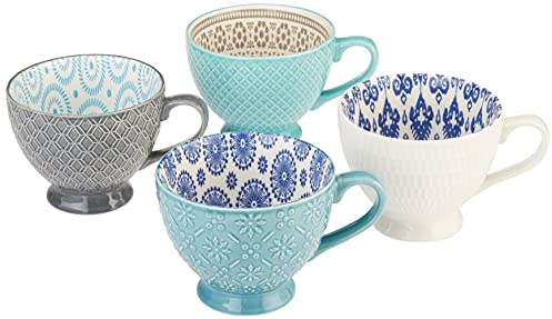 Signature Housewares 04760 Pad Print Mugs-PP11 Set of 4 Assorted Footed Mugs, Stoneware, Multicolor