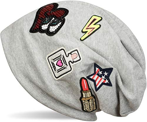 styleBREAKER Beanie Mütze mit coolen Patches, Lipstick, USA Stern, Blitz, Pailletten Herz, Slouch Longbeanie, Unisex 04024101, Farbe:Hellgrau meliert