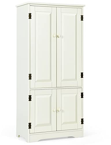 CASART Floor Storage Cabinet, Wooden Storage Cupboard with Adjustable Shelves and 4 Doors, Free Standing Hallway Sideboard for Living Room Bathroom Kitchen Office (White)