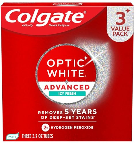 Colgate Optic White Advanced Hydrogen Peroxide Toothpaste Pack, Teeth Whitening Toothpaste, Enamel-Safe Hydrogen Peroxide Formula, Helps Remove Tea, Coffee, and Wine Stains, Icy Fresh, 3 Pack, 3.2 oz