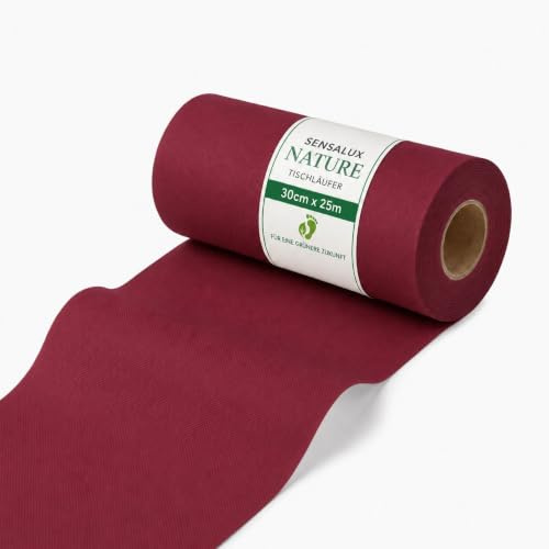 Sensalux Nature Vlies Tischläufer, 30 cm x 25m, Weinrot | CO2-neutral, stoffähnliche Meterware, Tischdeko für Hochzeit Geburtstag Party Event Catering