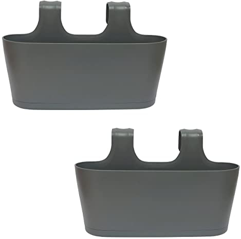 ENGELLAND 2 x Blumenkasten, Blumentopf zum Hängen, oval, Balkon, Übertopf, Pflanzkasten, mit Wasserspeicher, Farbe: Anthrazit