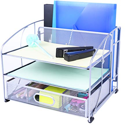 EXERZ Tisch-Organizer Aus Metalldraht Bürobedarf 3 Tabletts/Desktop-Aktenhalter Mit Schiebeschublade Und Hängendem Aktenhalter/Vertikaler Aufrechter Abschnitt-Papiersortierer (Silber Neu)