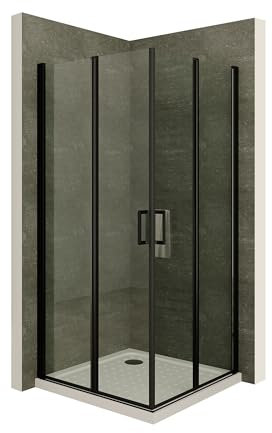 Moments of Glass Duschkabine ALINA mit Falttüren 90x90 cm Höhe: 180 cm, Eckduschkabine Falttürkabine aus durchsichtigem 6 mm NANO ESG Sicherheitsglas, schwarze Aluminiumprofile - DK61