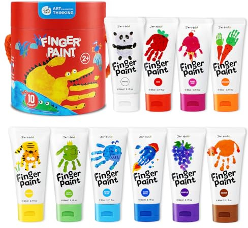Jar Melo Safe Finger Paints for Toddlers, Non Toxic Finger Painting Set Washable, Art Painting Supplies Gift for Baby, Kids Age 2 3 4 5 6+, 10 Assorted Colors (2.1 fl.oz)