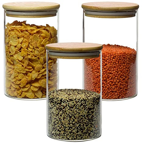 gouveo 3er Set Glasbehälter 1000 ml rund aus Borosilikatglas mit Deckel - Vorratsgläser 1,0 l mit Verschluss - Aufbewahrungsgläser, Glasdosen, Vorratsdose, Nudelglas