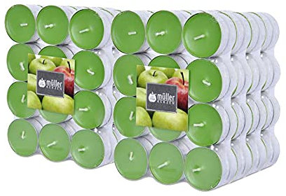 Müller Tealights Candele Profumate - Fragranza Mela - 39 × 15 mm - Durata 4 Ore - Lumini di Cera Colore Verde - Set di 192 Candeline