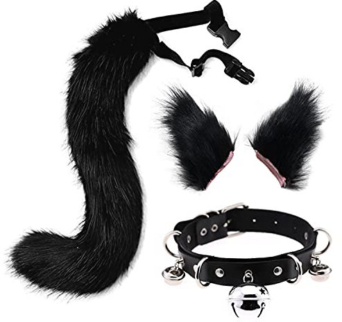 Miuboee Schwanz und Ohren Set, langer Fuchsschwanz Cosplay Faux Furry Fox Wolf Tail Kit mit Ohren und Glockenkragen für Kinder, Mädchen, Jungen, Teens, Frauen, Party (Schwarz)
