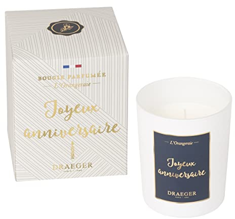 DRAEGER PARIS 1886 - Bougie Cadeau Blanche Parfumée Fleur d'oranger Joyeux Anniversaire - Idée Cadeau d'Anniversaire Original - Pot en verre - Made in France - 100% Cire Végétale - 40h de combustion