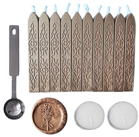 Wachsstäbchen mit Docht, AMTOL 10 PCS Wachsstäbchen mit 2 Stück weißen Kerzen und 1 Stück Wachsschmelzlöffel, für Hochzeitseinladungen, Karten, Umschläge und Siegelstempel (Bronze)