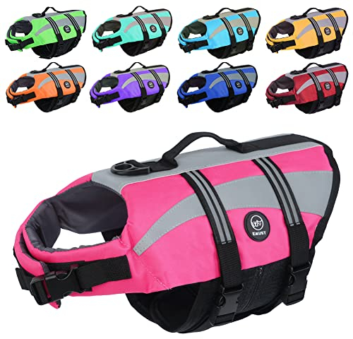 EMUST Giubbotti di salvataggio per cani, regolabili per barca, giubbotti di salvataggio ad alta visibilità per cani, costume da bagno di sicurezza per cani, rosa, M
