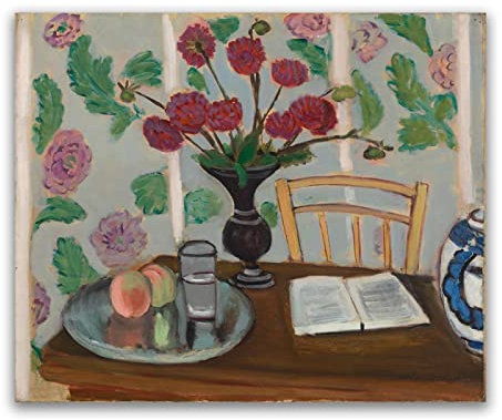 Encadrée Henri Matisse Tableaux à l'huile Célèbre Peinture sur Toile Impressionniste Arts Affiche(bouquet de dahlias et livre blanc)Impression sur Toile d'art mural 70x84cm(27x33in)Encadré