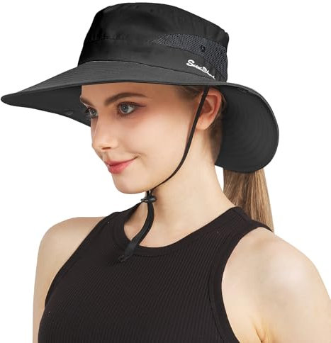 NPJY Sonnenhut für Männer und Frauen, 7,6 cm breite Krempe, UPF 50+ Angel-Eimer, Strandhüte, Pure Black (Pferdeschwanz-Loch), Einheitsgröße