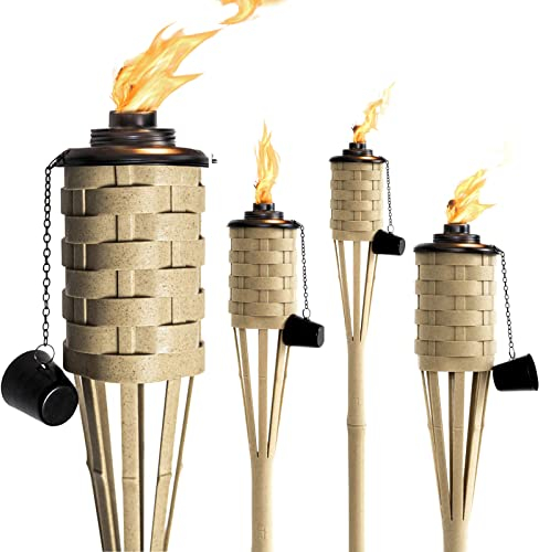 ONETHATCH Bambusfackeln, Citronella-Gartenfackel (Verwitterte Optik, 4er-Set); Große Terrassenfackel, Tropische Dekoration, Beleuchtung und Luau-Partys; Nachfüllbarer Breit-Behälter, 152 cm