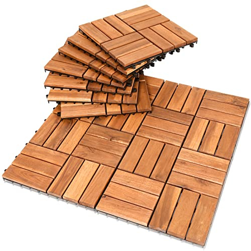 Ikodm 44Stück Holzfliesen Balkon 30x30 cm - Balkon Platten Boden aus Akazien-Holz - Bodenbelag Holzboden Klicksystem Balkonfliesen Klickfliesen (4 Quadratmeter)