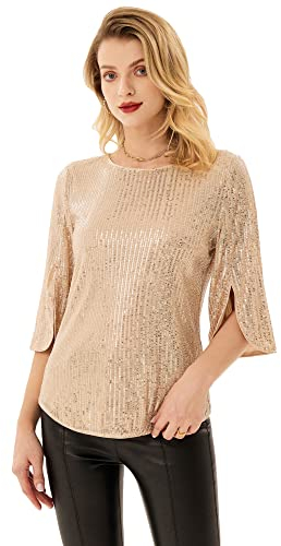 Damen Elegant Pailletten Bluse 9/10 Ärmel Loose Fit Rundhals Tops Casual Shirt 2XL Gold CL1777A22-03