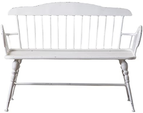 Yclty 120cm Outdoor Garden Bench, Antique White Wrought Iron High Back Farmhouse Bench with Curved Armrests and Metal Legs, Loveseat Chairs for Indoor/Outdoor Use