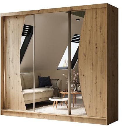 ALTDECOR Kleiderschrank mit Spiegel und Schiebetüren, kugelgelagerte Führungsschienen und Aluminium-Leisten, LED-Beleuchtung (weiß + 16 Farben) und Fernbedienung - VOXI - 240 cm Eiche Artisan