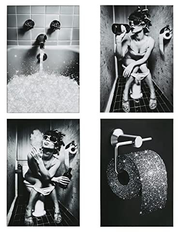 TWSOUL Wandbild Kloparty (Kein Rahmen), Party Girl Schwarz-Weiß, Sexy Frau auf Toilette mit Zigarette Schnaps Poster, Badezimmer Bilder Set (40 * 60cm)
